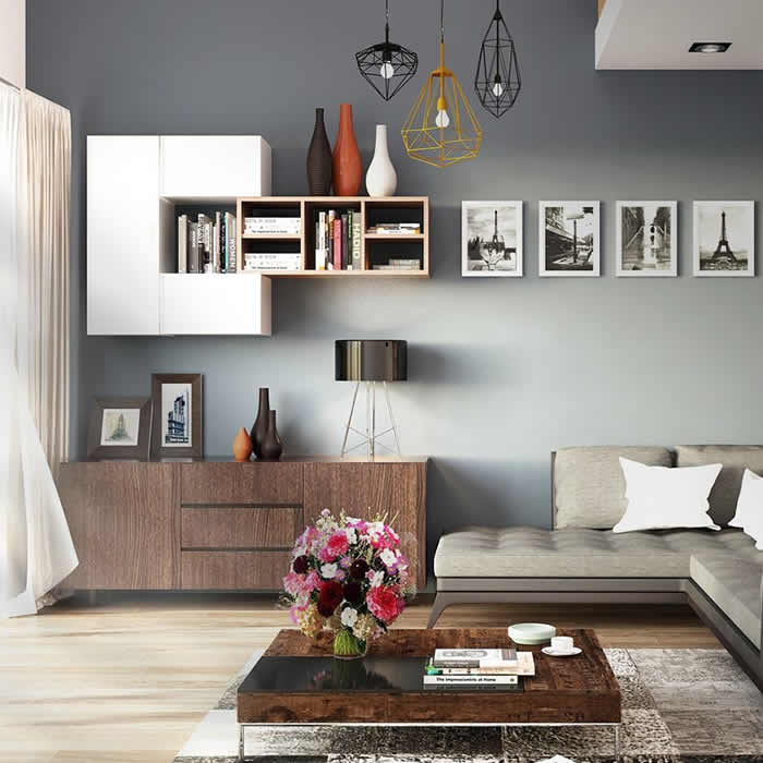 Contemporary living room interior with minimalist furniture, geometric pendant lighting, decorative wall art, and a cozy modern sofa for stylish home design