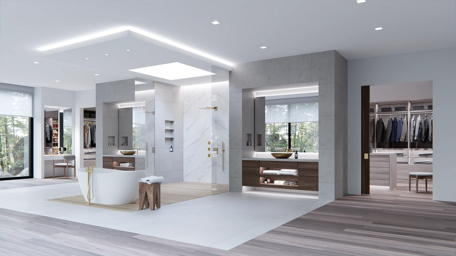  A bathroom featuring a Lutron ceiling light bar and other light fixtures. 