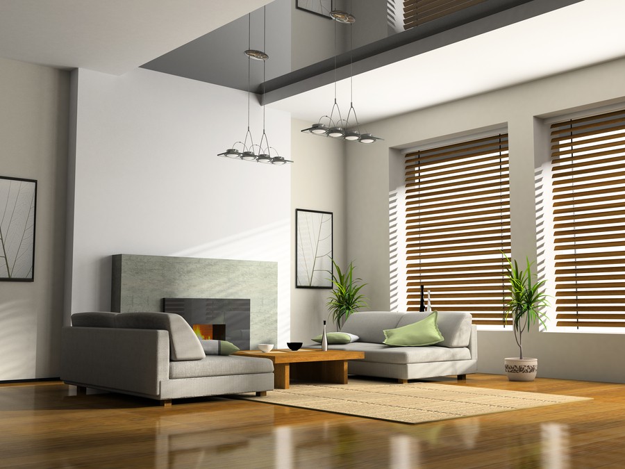 A beautiful, spacious living room with shades on each of the two windows. 