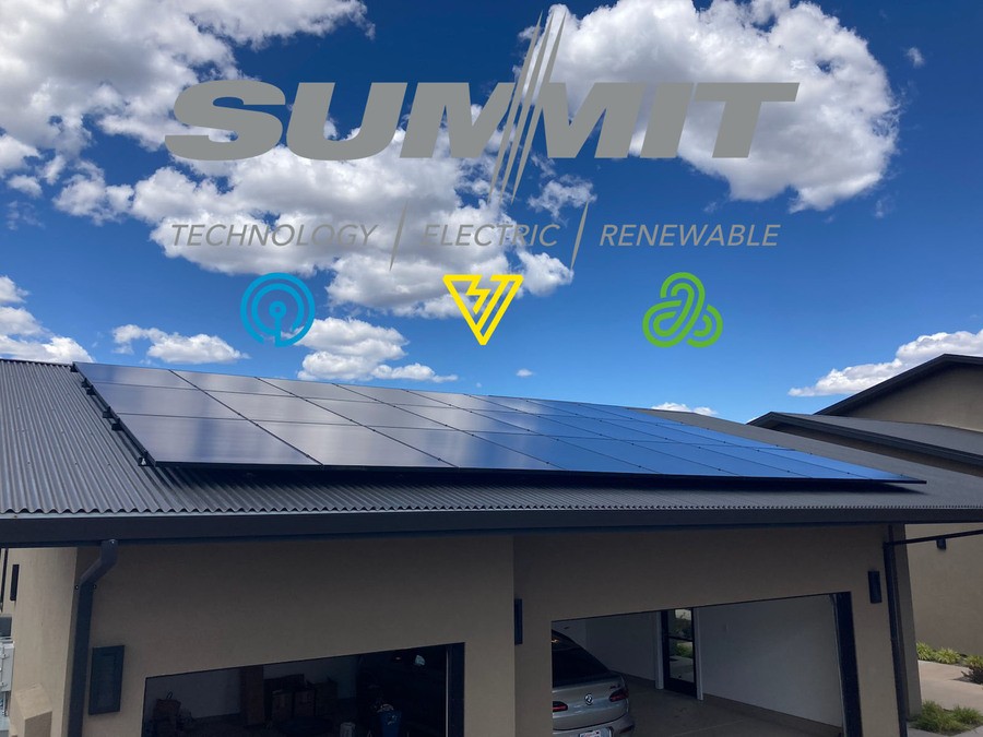 A luxury home with solar panels in place with the Summit Technology logo overlaid on top.