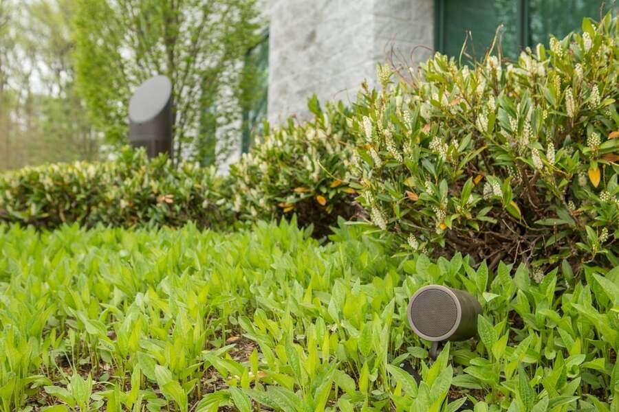 A Coastal Source speaker installed among the grass.