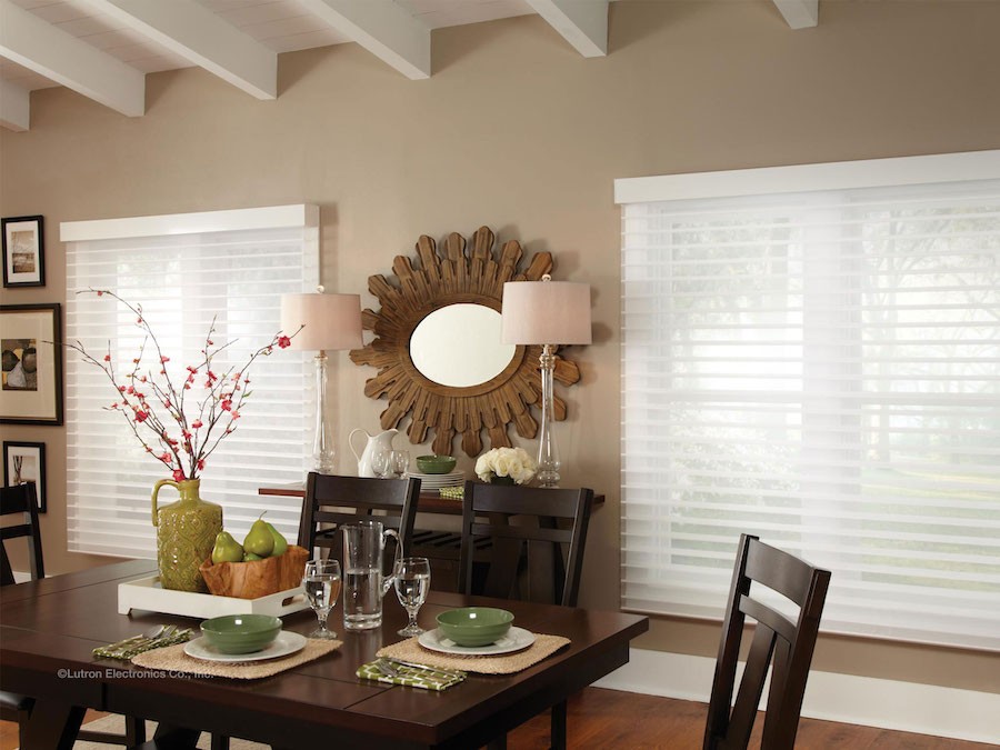 A luxury living room with Lutron shades.