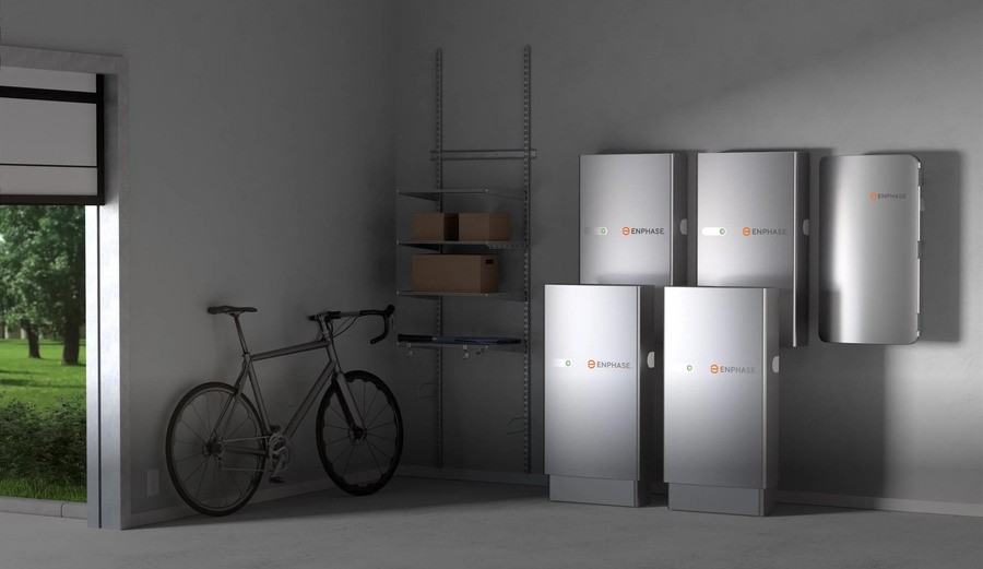 An Enphase battery storage system in an open garage 
