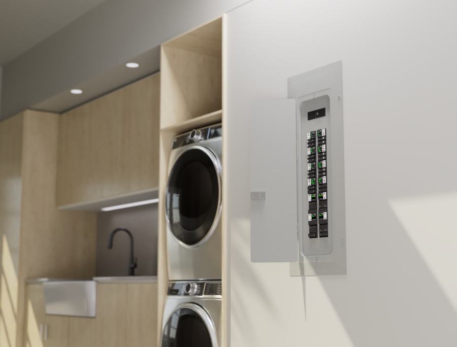 A Savant Power panel in a laundry room.