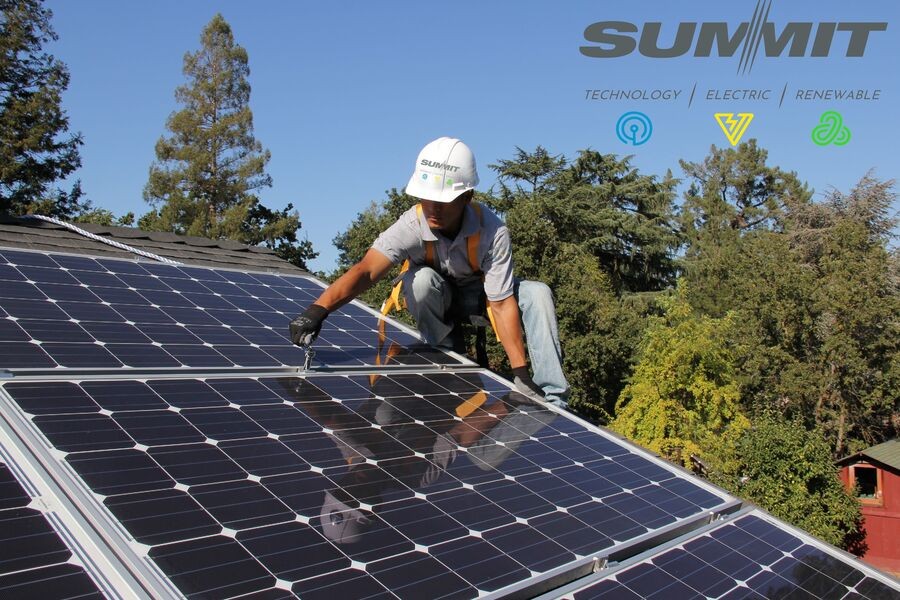 A worker wearing safety gear installs solar panels on a rooftop under a clear sky, with trees in the background and the Summit company logo above.