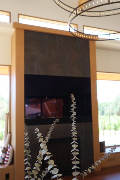 Modern living room with a tall dark-paneled fireplace and large windows overlooking greenery, a circular chandelier above, and an out-of-focus decorative plant in the foreground.
